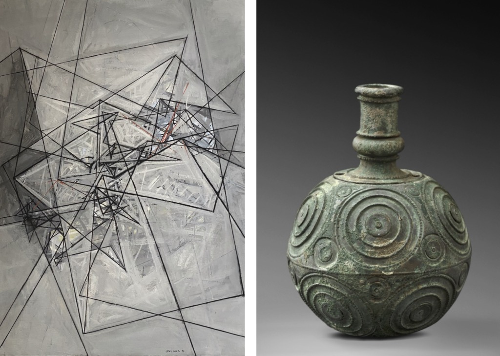 
Abb. 1: Lenz Klotz, Zackig geformt, 1954/1, Öl auf Leinwand
114 x 80 cm (LENZ KLOTZ ART COLLECTION)
Abb. 2: Kugelförmiges Gefäss aus Bronze mit reliefiertem Kreis-Dekor, Römisch, 3./4. Jh. n. Chr., Höhe: 7 cm (BIGLER FINE ARTS)